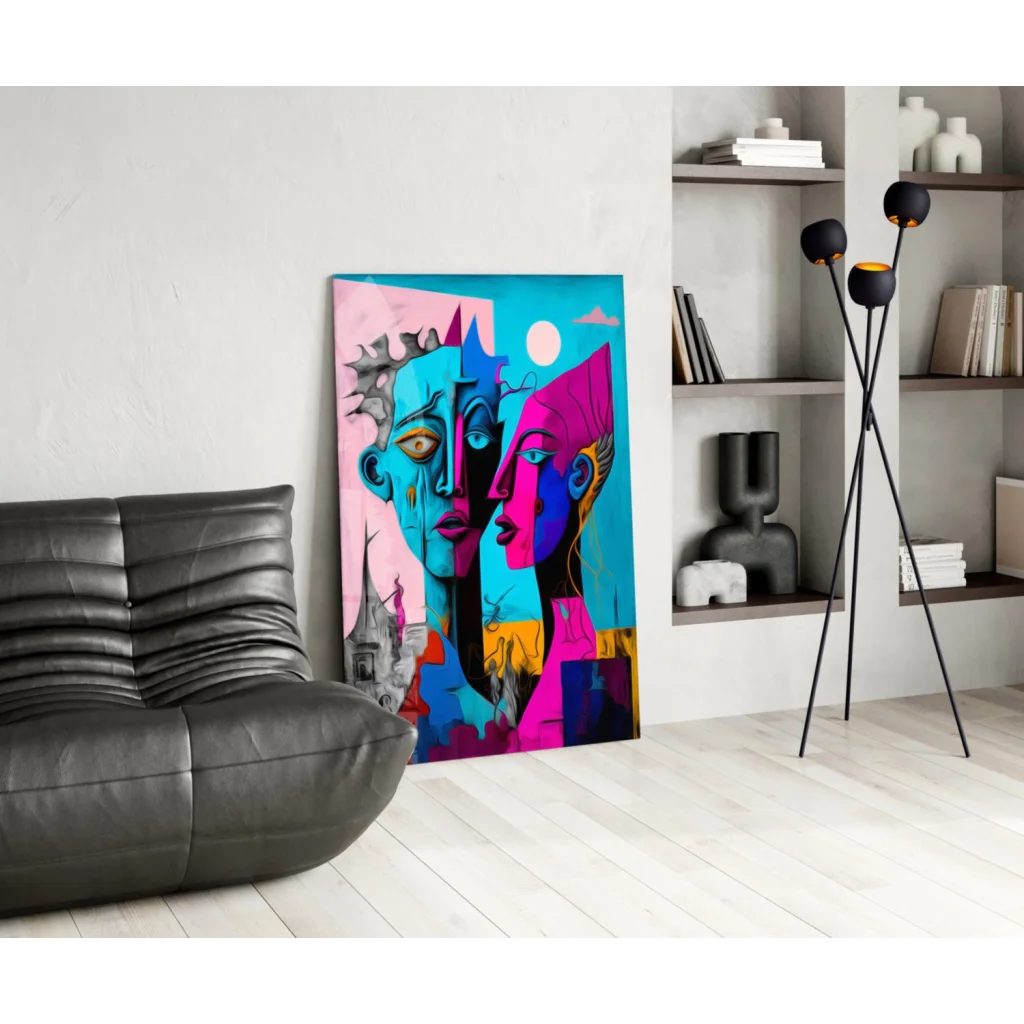 Vibrant bold dual faces abstract canvas wall art in blue and pink