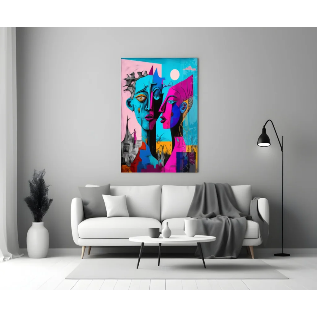 Bold dual faces abstract wall art in blue and pink hues