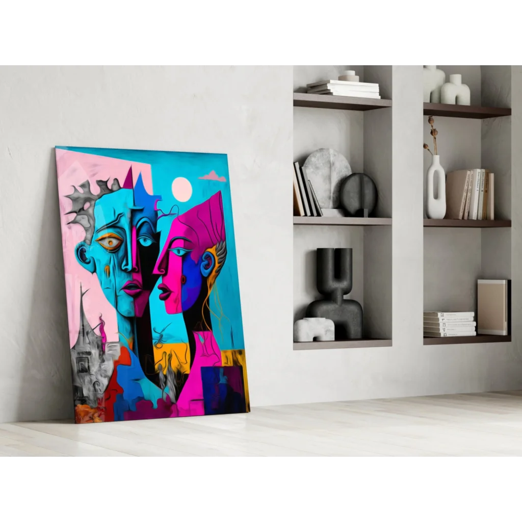 Bold dual faces abstract wall art canvas in pink and blue hues