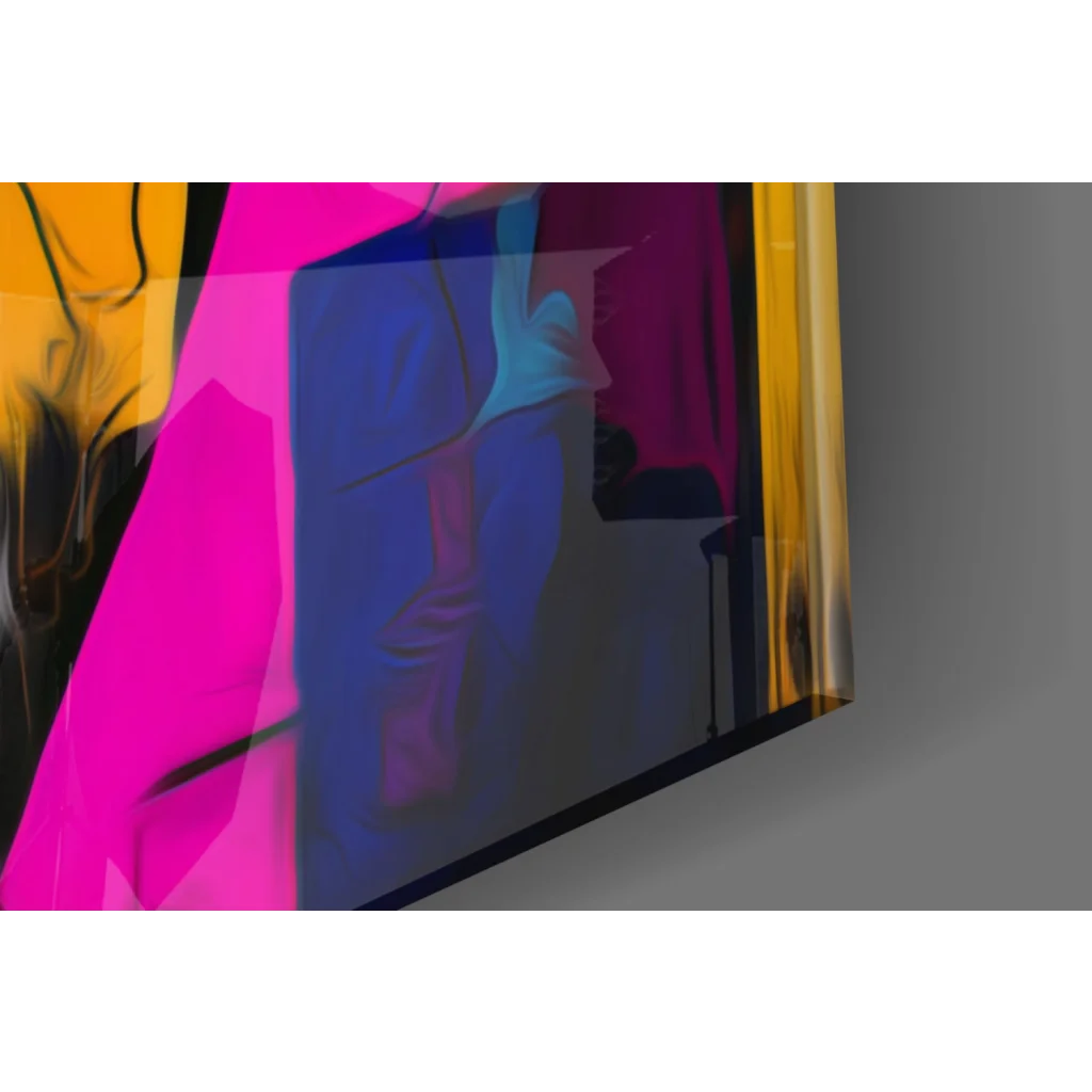 Vibrant bold dual faces abstract wall art in pink blue yellow glossy frame