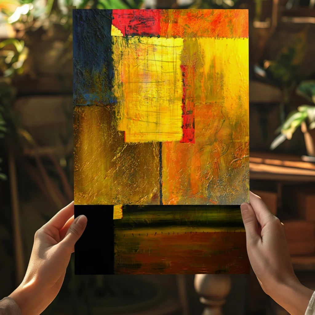 Bold Fiery Abstract Aluminum Wall Art in vibrant yellow orange red blue layers