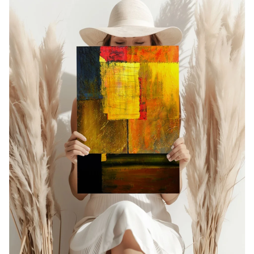 Vibrant bold fiery abstract aluminum wall art with yellow orange red black blocks