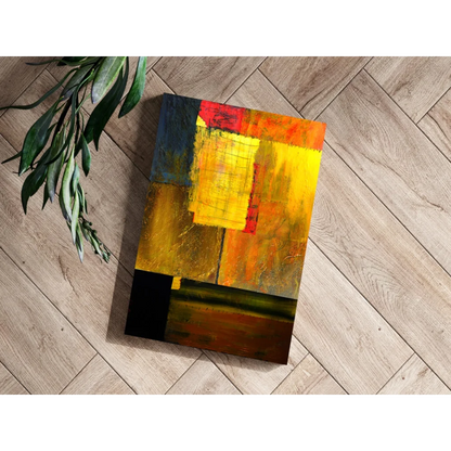 Vibrant bold fiery abstract aluminum wall art in yellow, orange, red, black