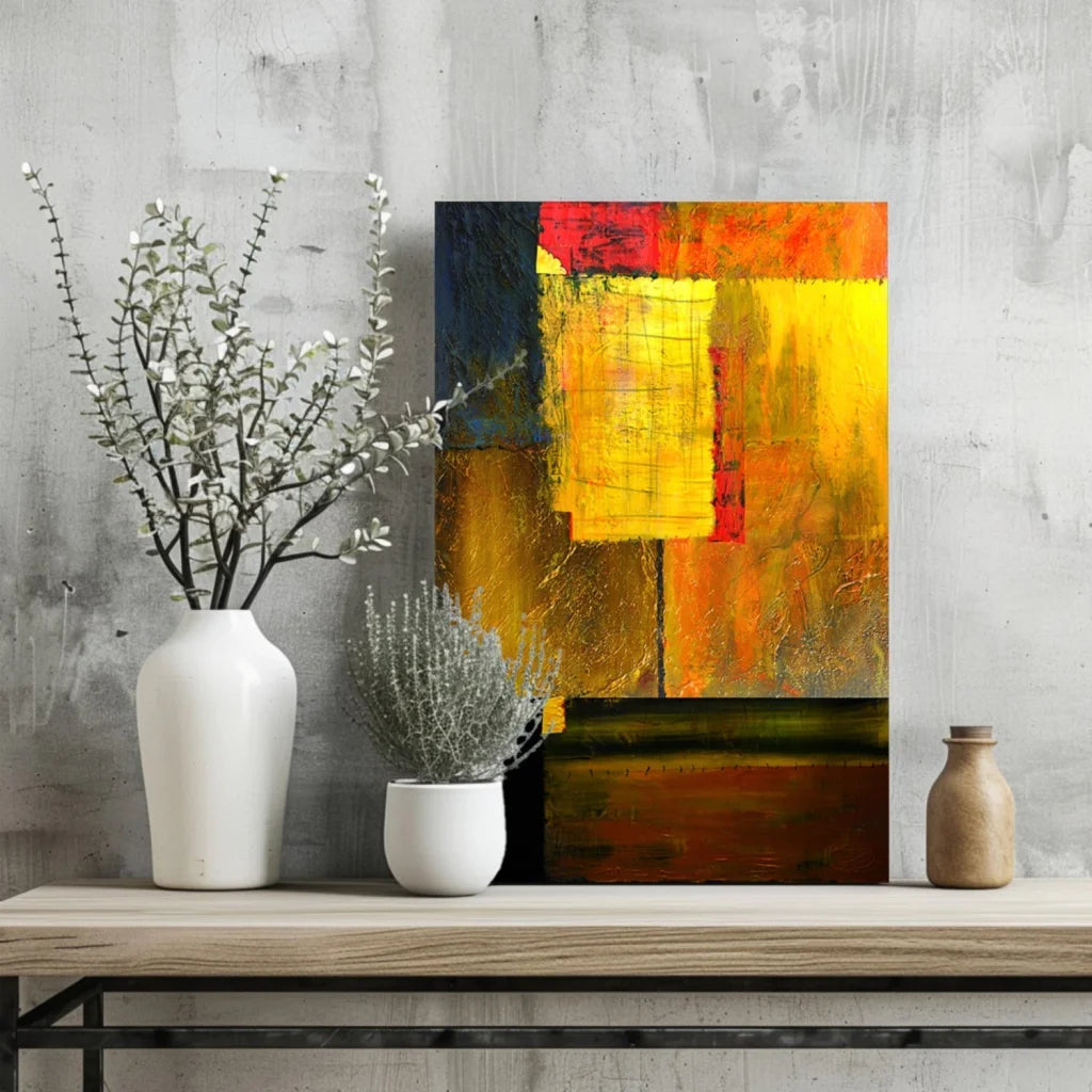 Bold fiery abstract aluminum wall art with vibrant yellow orange red blue blocks