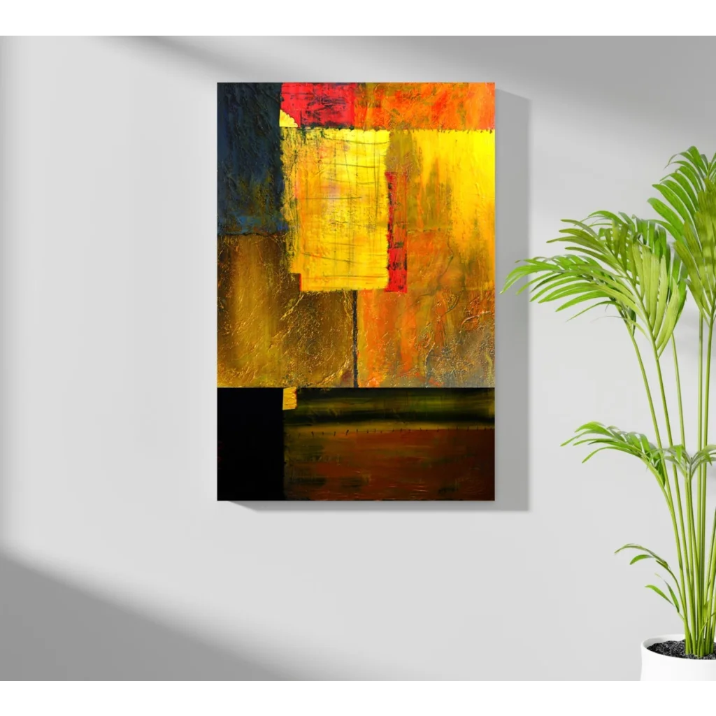 Vibrant bold fiery abstract aluminum wall art with yellow orange red black blocks