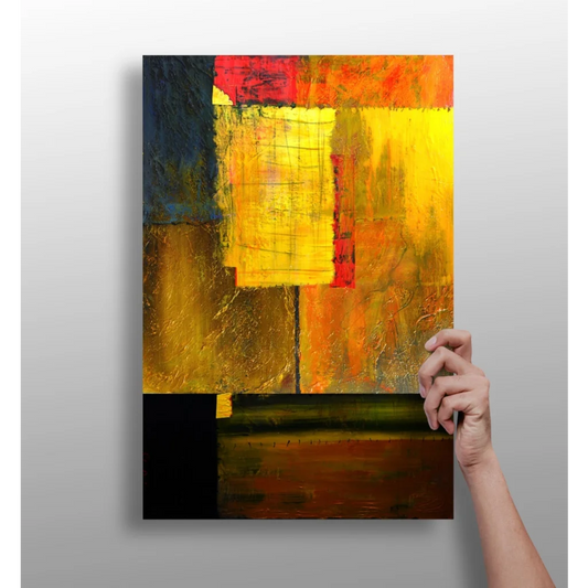 Bold fiery abstract aluminum wall art with vibrant yellow, orange, red, and black blocks