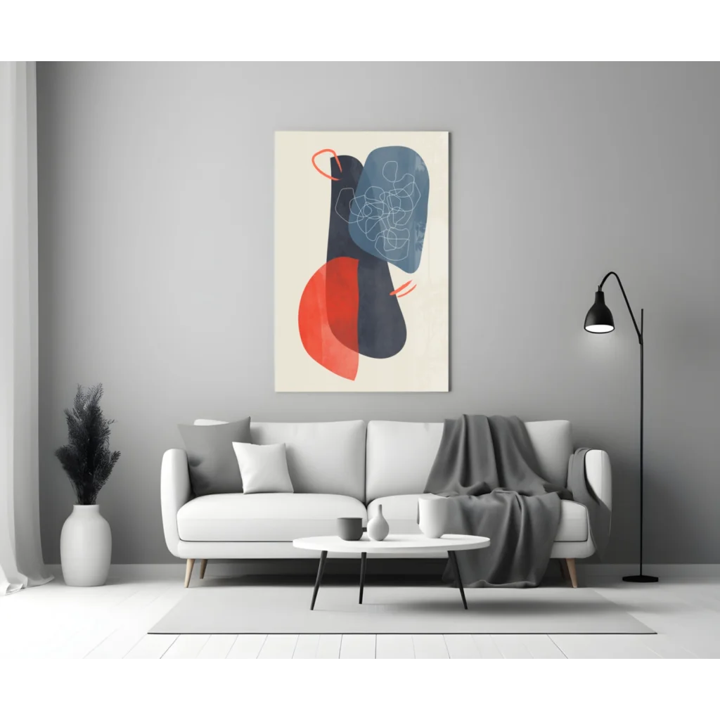 Bold geometric abstract wall art canvas in red, navy, and cream