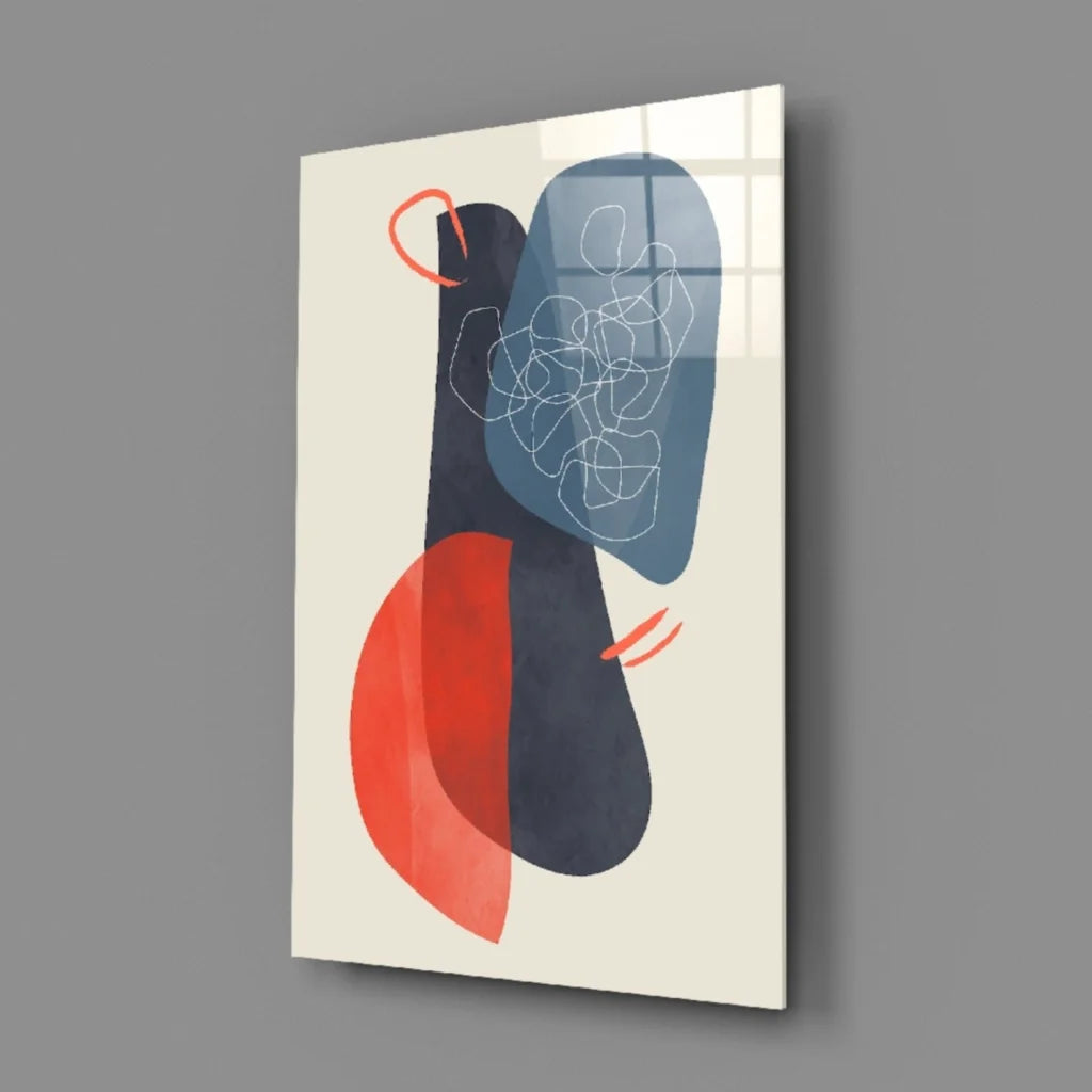 Bold geometric abstract wall art in red, navy, and cream with white lines