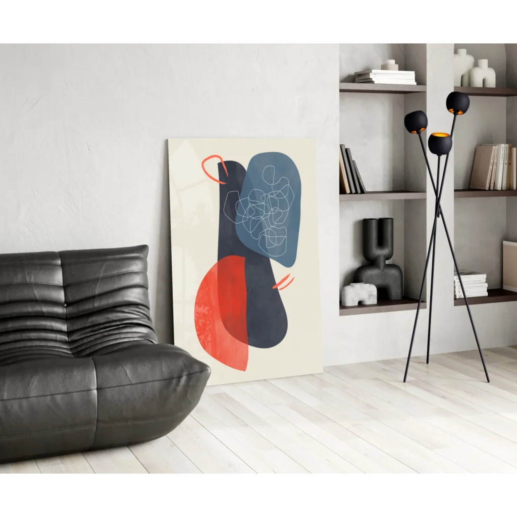 Bold red, blue, black geometric abstract canvas wall art on cream background