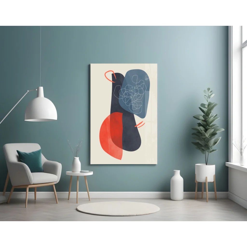 Bold red navy cream geometric abstract canvas wall art