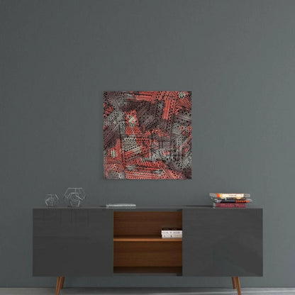 Modern gray sideboard with open storage, copper legs and bold wall art