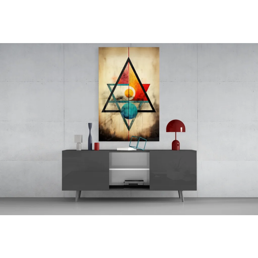 Bold geometric canvas wall art with overlapping triangles and circles in red, teal, orange, black on textured beige