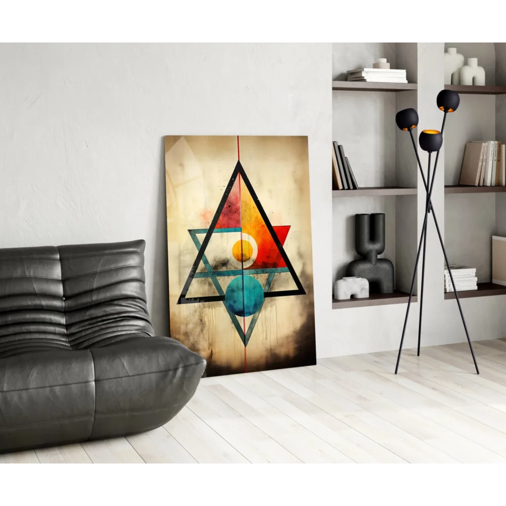 Bold geometric wall art canvas with vibrant overlapping triangles and circles in red, orange, yellow, teal, and black on textured beige