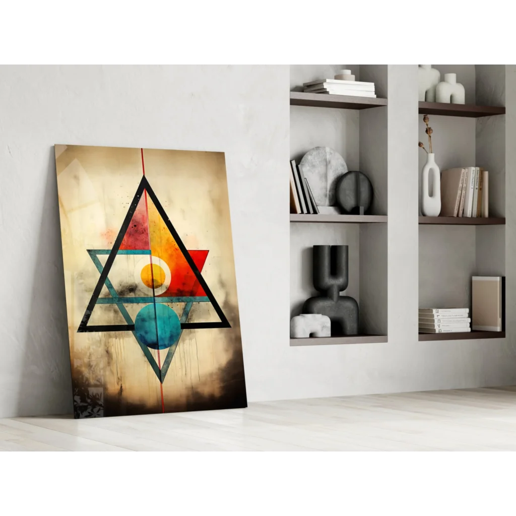 Bold geometric wall art canvas with overlapping triangles in black, red, teal, orange-yellow circle, blue sphere on textured beige