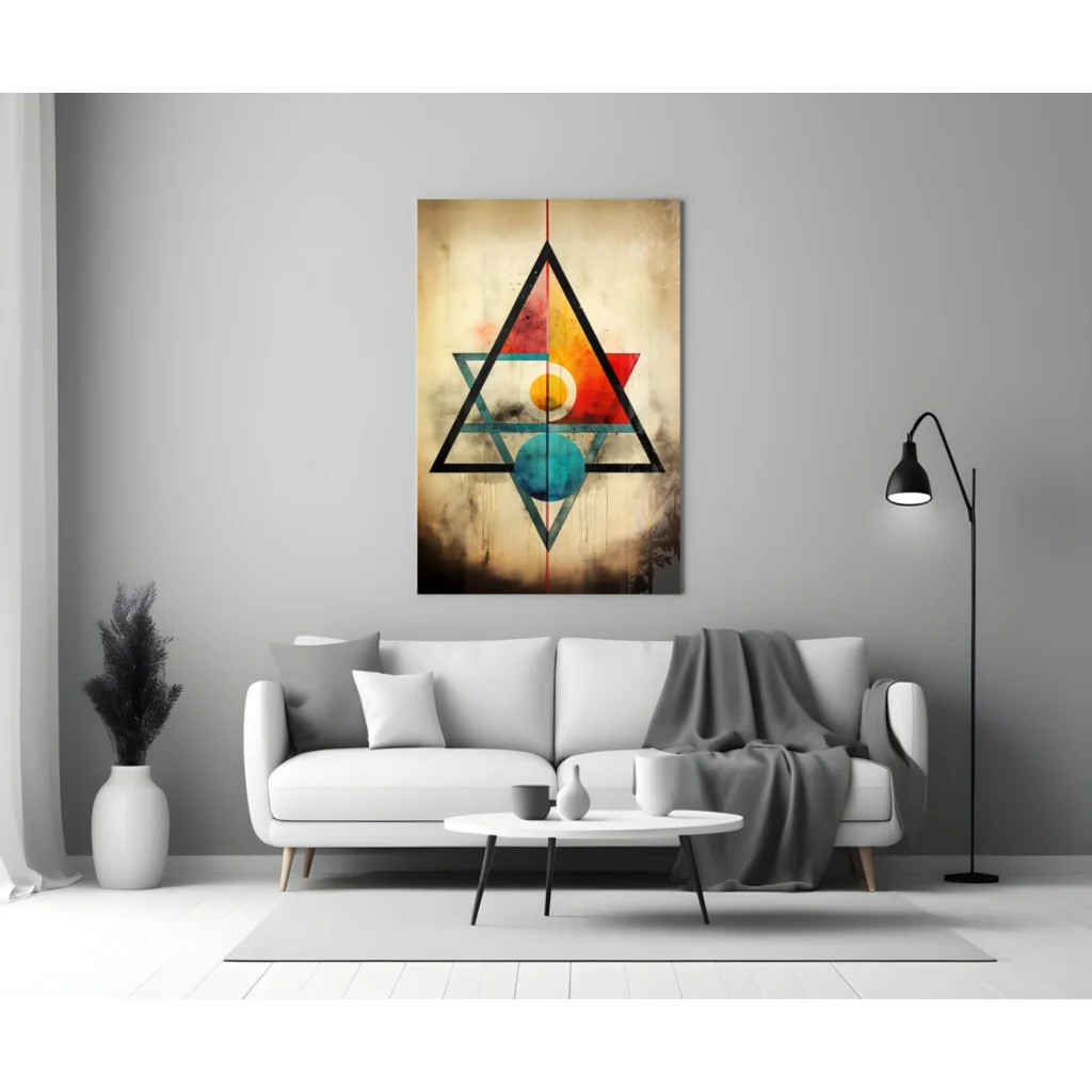Bold geometric wall art canvas with teal red triangles yellow circle blue sphere on beige