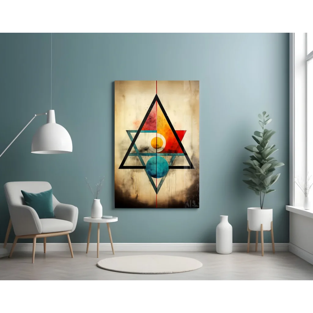 Bold geometric wall art: overlapping triangles in black, red, teal with yellow-orange circle on beige