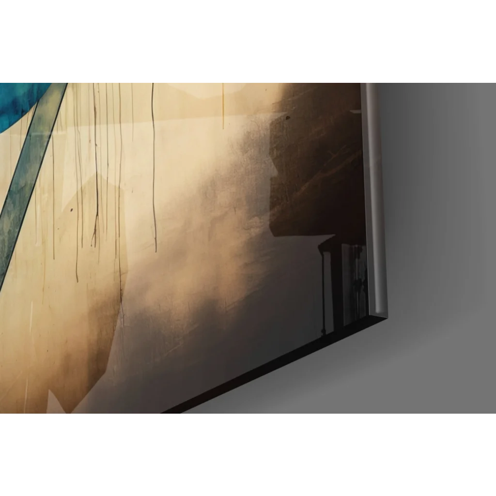 Sleek flat-screen TV with thin silver bezel showing bold geometric wall art