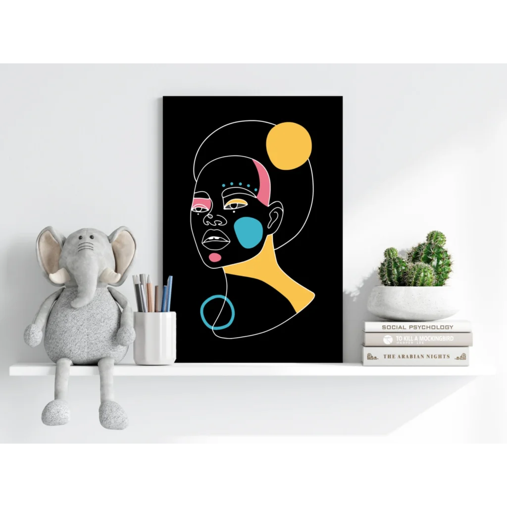 Bold Geometric Face Art on Black Aluminum Canvas