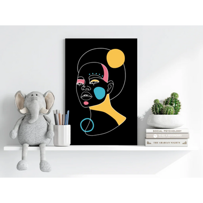 Bold Geometric Face Art on Black Aluminum Canvas