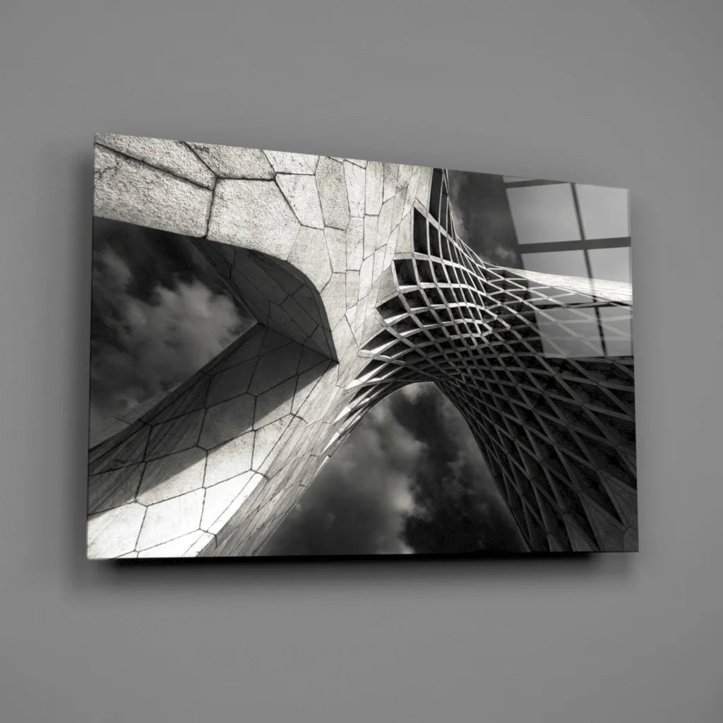 Bold black and white geometric glass wall art with curved lines