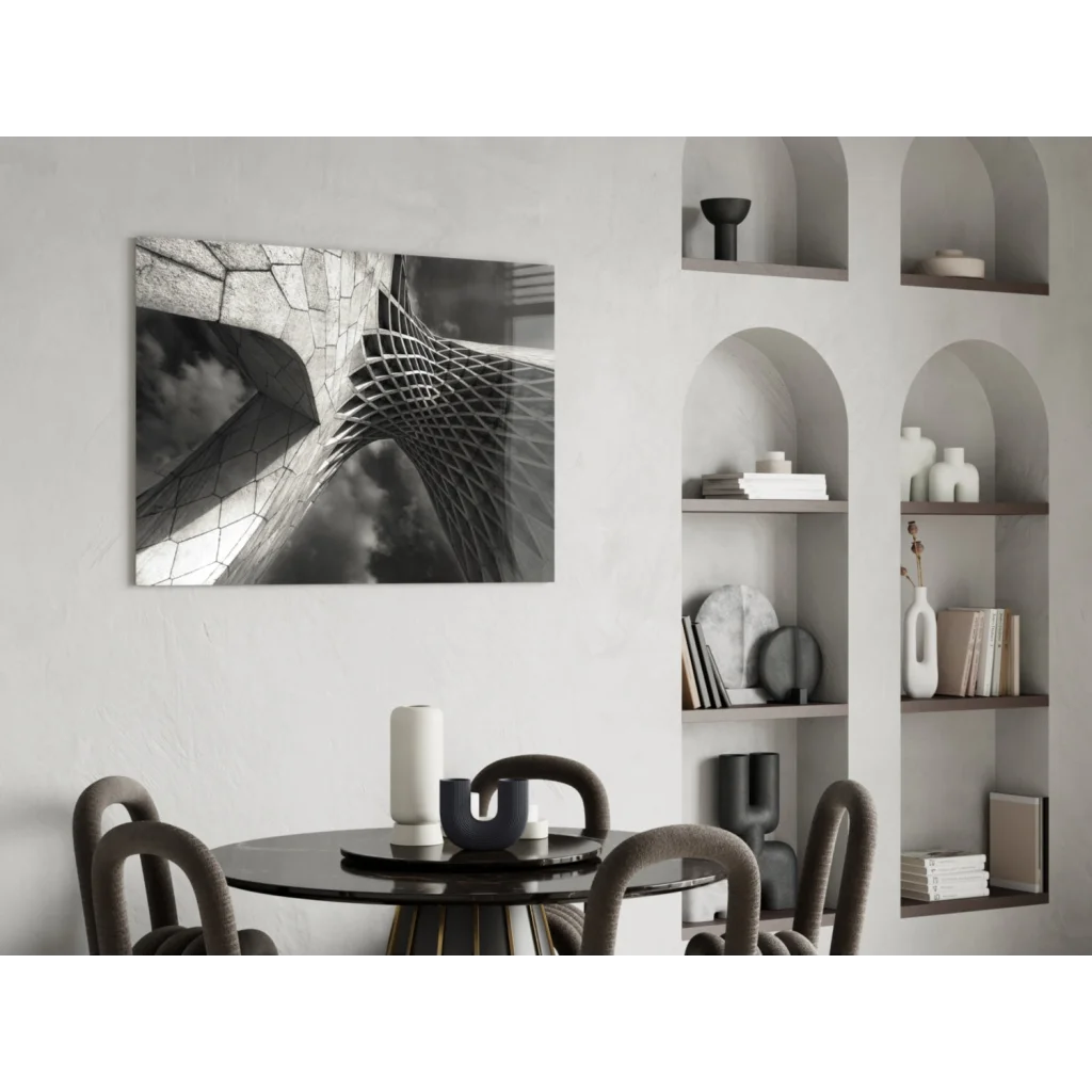 Bold black and white geometric glass wall art with textured organic pattern