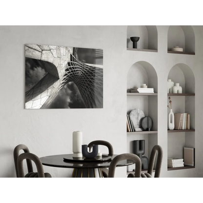 Bold black and white geometric glass wall art with textured organic pattern