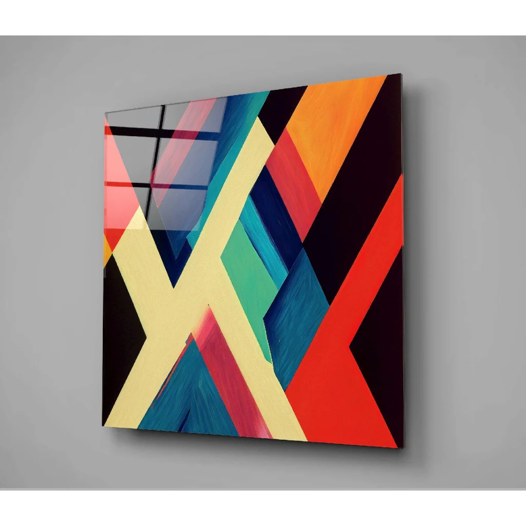 Vibrant geometric glass wall art with bold diagonal stripes in red, orange, teal, yellow, black