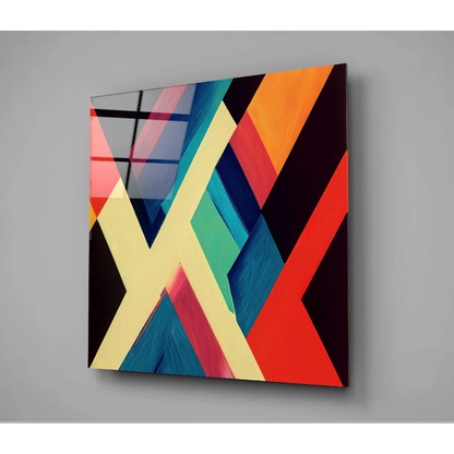 Vibrant geometric glass wall art with bold diagonal stripes in red, orange, teal, yellow, black