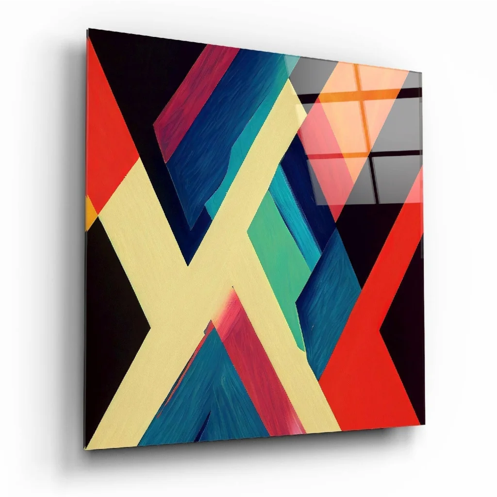 Vibrant bold geometric glass wall art with diagonal red, teal, yellow, black stripes