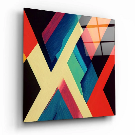 Vibrant bold geometric glass wall art with diagonal red, teal, yellow, black stripes