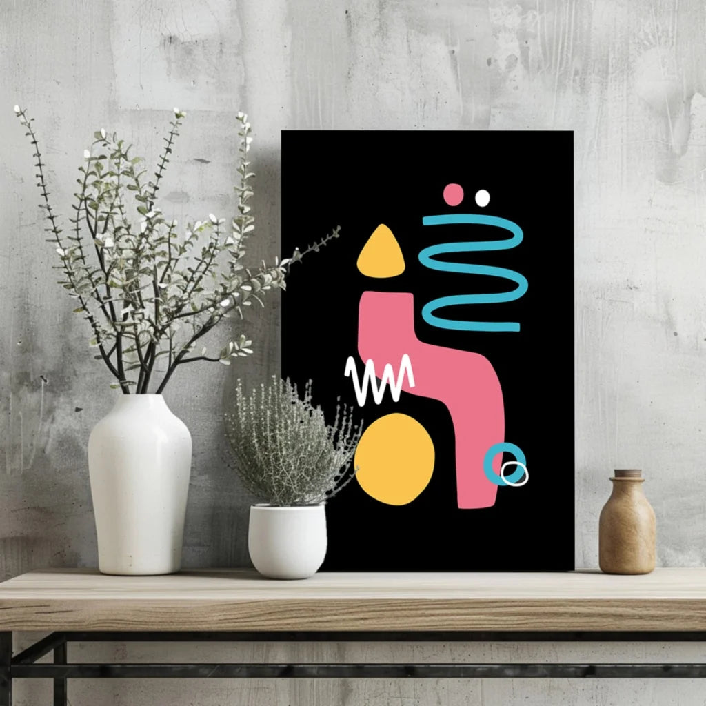 Bold pink, yellow, teal geometric shapes on black canvas print