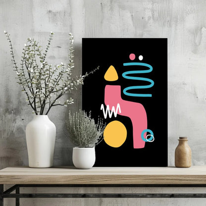 Bold pink, yellow, teal geometric shapes on black canvas print