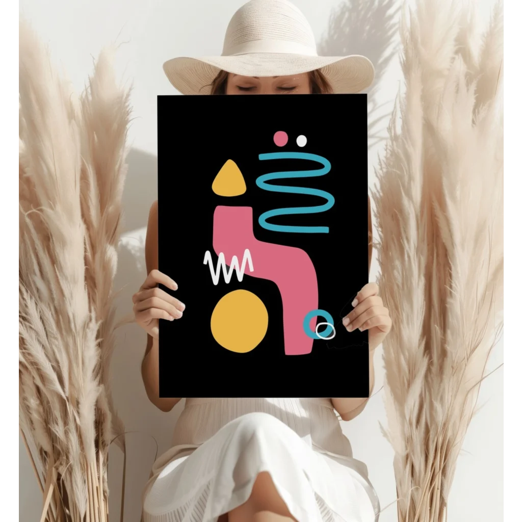 Bold geometric shapes in pink, yellow, and teal on black canvas print