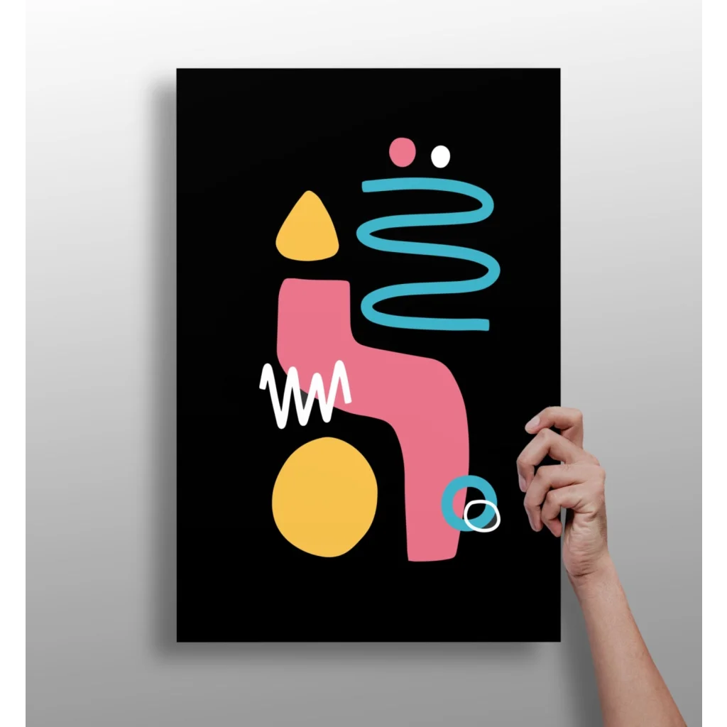 Bold geometric shapes in pink, yellow, teal on black canvas print