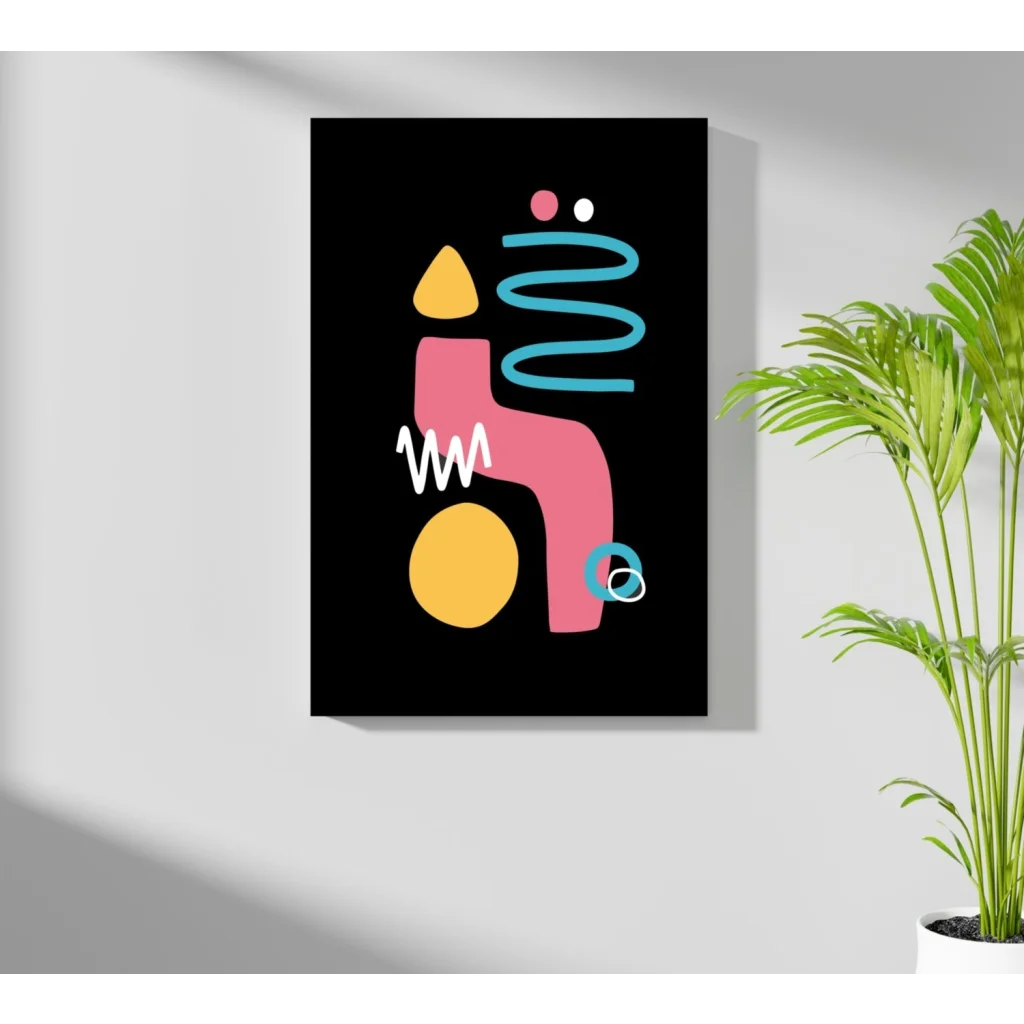 Bold pink, yellow, teal geometric shapes on black canvas print