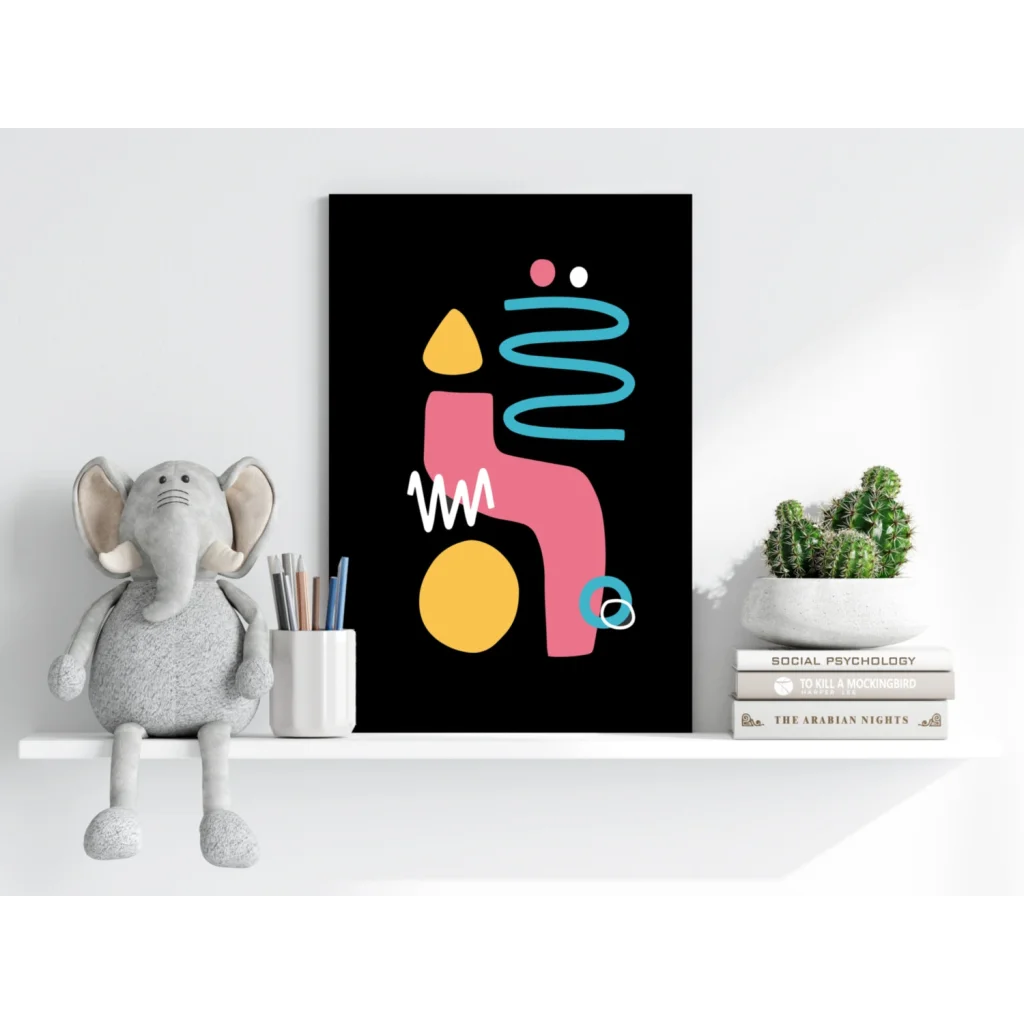 Vibrant bold geometric shapes in pink, yellow, teal on black canvas print