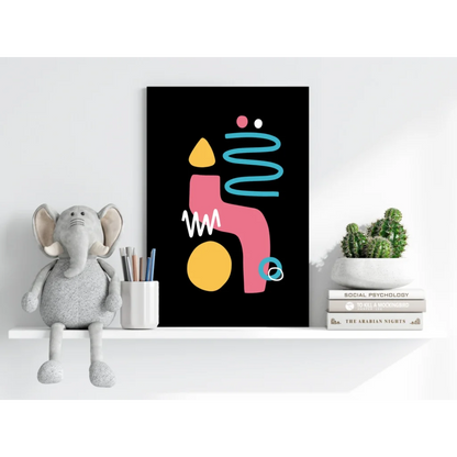 Vibrant bold geometric shapes in pink, yellow, teal on black canvas print