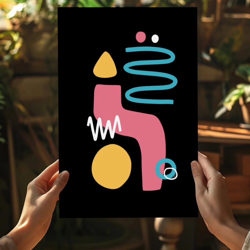 Vibrant abstract bold geometric shapes in pink, yellow, teal on black canvas print