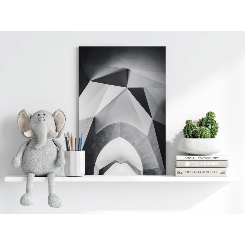Gray elephant plush toy on Bold Geometric Stormtrooper canvas art