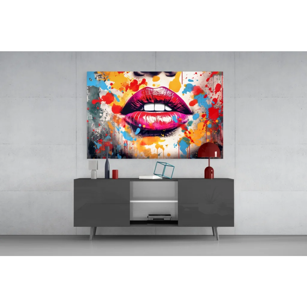 Vibrant bold lips pop art wall art canvas with paint splatter design