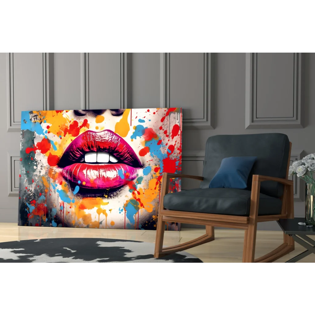 Vibrant pop art canvas wall art of bold pink lips on paint splatter background