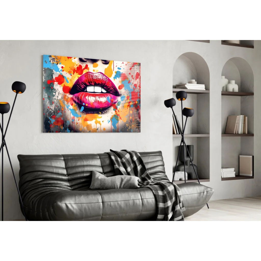 Vibrant bold pink red lips pop art canvas wall art with colorful splatter design
