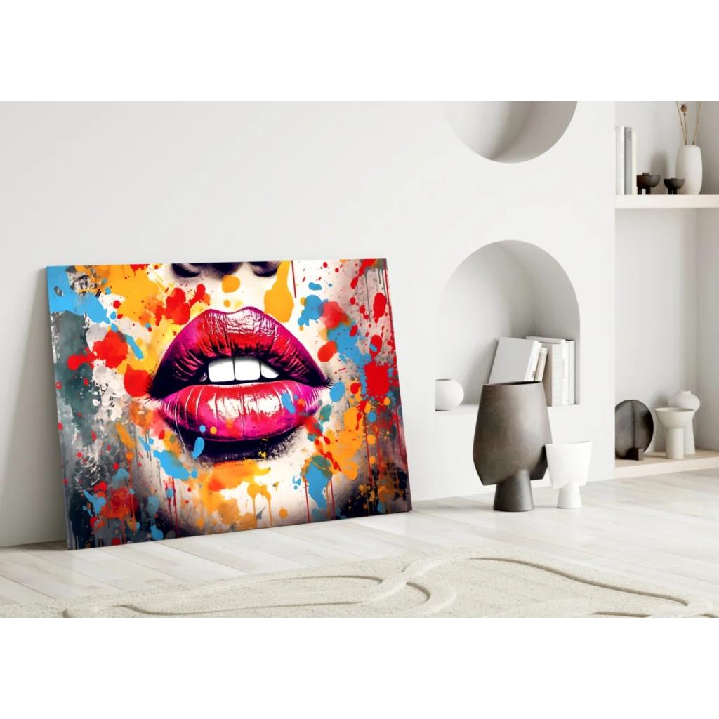 Vibrant bold lips pop art canvas wall art with colorful paint splatters