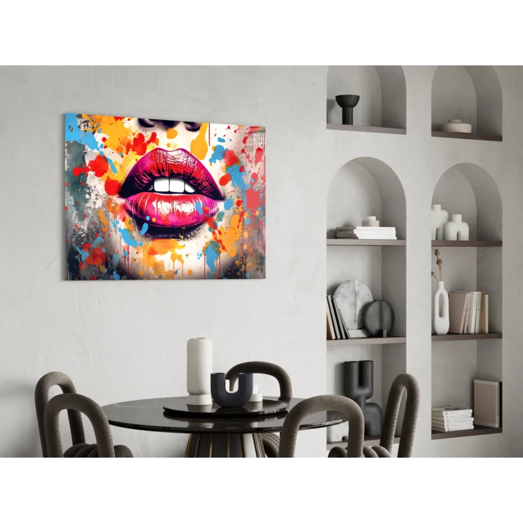 Vibrant bold lips pop art wall art canvas with paint splatter