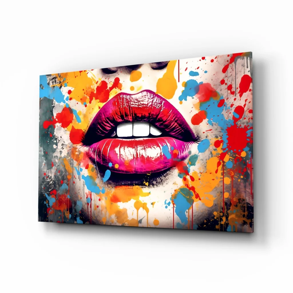 Vibrant pink glossy lips pop art wall art with colorful paint splatters