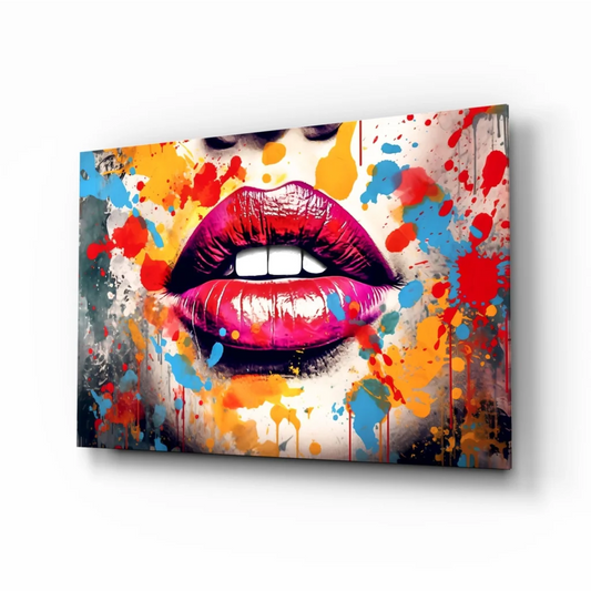 Vibrant pink glossy lips pop art wall art with colorful paint splatters