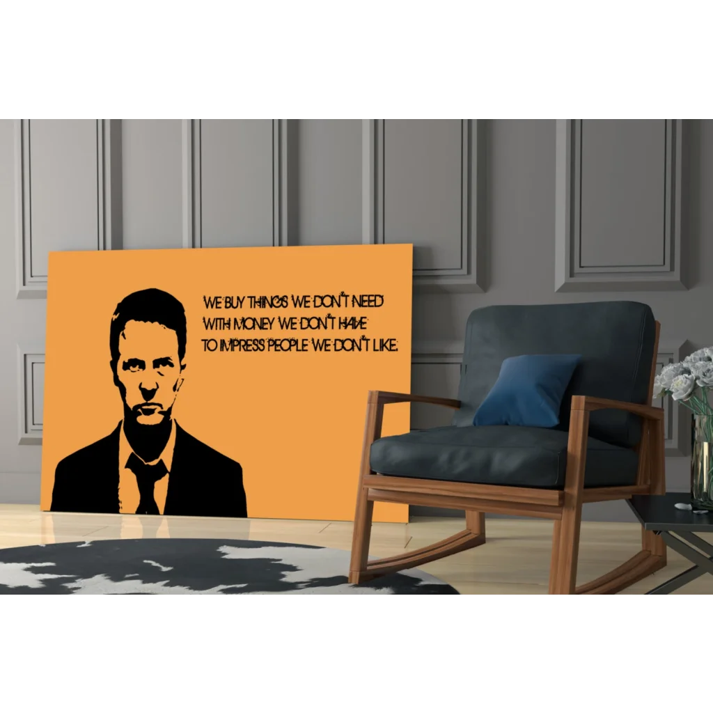 Bold yellow canvas wall art with black and white suited man portrait