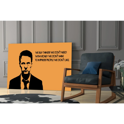 Bold yellow canvas wall art with black and white suited man portrait