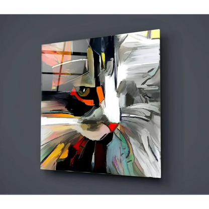 Bold orange cat abstract canvas wall art with black white fur and vibrant textured strokes