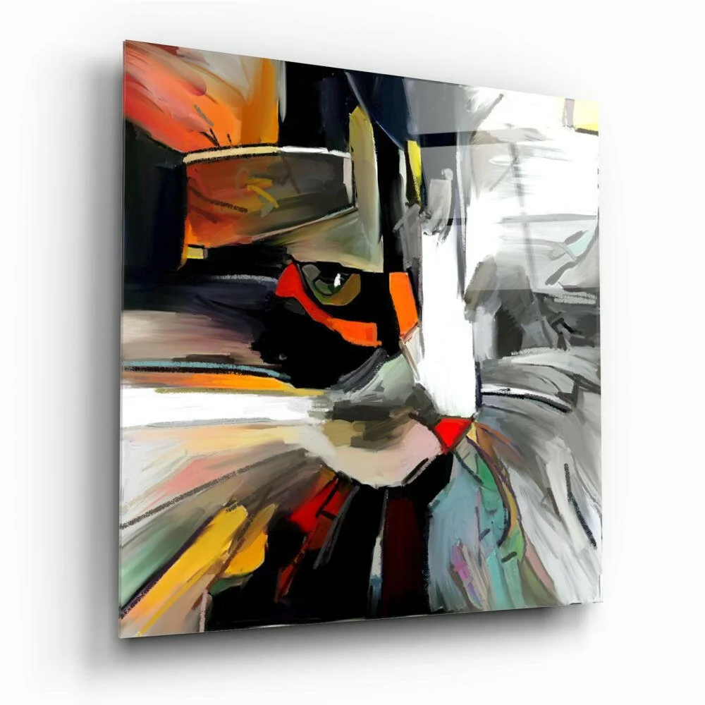 Vibrant orange black abstract cat canvas wall art with textured brushstrokes